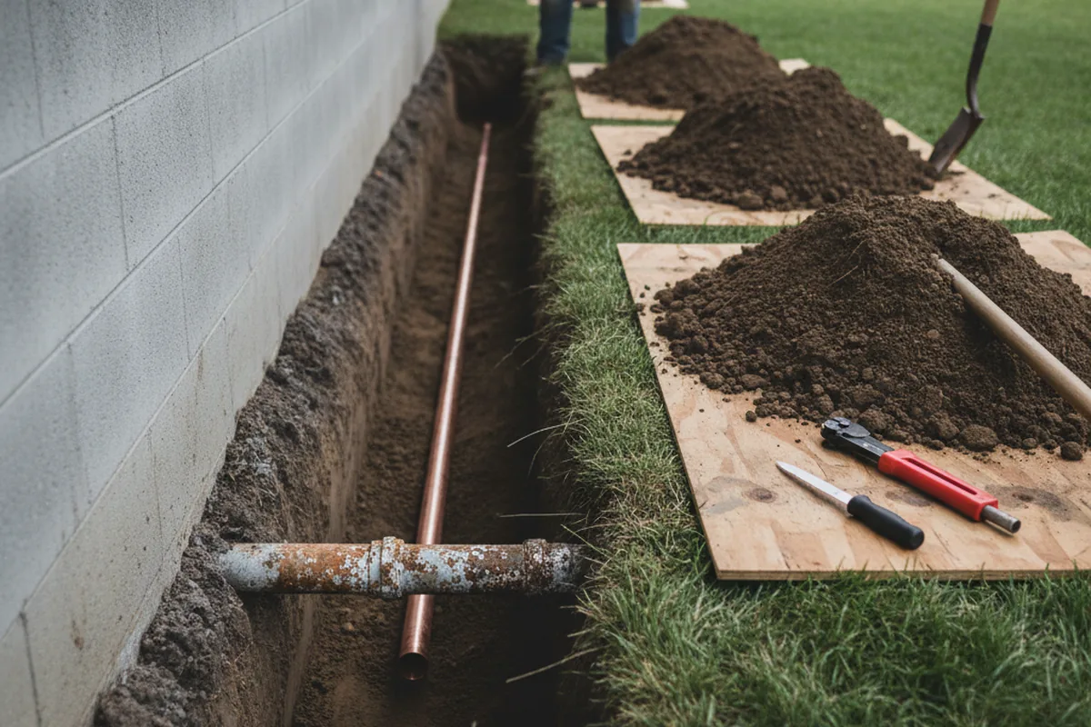 Excavated water line trench during Water Softener Installation in Farmington